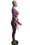 Casual Pop Art Print Long Sleeve Round Neck Self Belted Hollow Out Bodycon Jumpsuit WXY8022