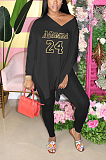 Casual Polyester Letter Long Sleeve V Neck Tee Top Long Pants Sets YFS3644