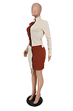 Casual Long Sleeve Round Neck Spliced Tee Top Above Knee / Short Skirt Sets PU6040