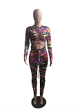 Casual Pop Art Print Long Sleeve Round Neck Self Belted Hollow Out Bodycon Jumpsuit WXY8022