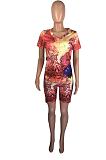 Casual Polyester Tie Dye Short Sleeve V Neck Tee Top Shorts Capris Pants Sets MOM1394