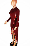 Long Sleeve Round Neck Pure Color Pearl Open Fork Sexy Dress TL6221