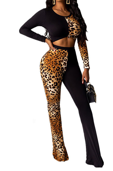 Sexy Pure Color Long Sleeve Leopard Spliced Long Pants Casual Sets TL6441