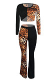 Sexy Pure Color Long Sleeve Leopard Spliced Long Pants Casual Sets TL6441