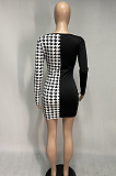 Casual Long Sleeve U Neck Spliced Checkered Printing Mid Waist Midi Dress Q763