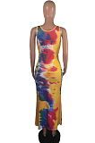 Sexy Polyester Tie Dye Sleeveless Cold Shoulder Mid Waist Long Dress Slip Dress MOM1393