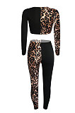 Long Sleeve Leopard Pure Color Spliced Long Pants Casual Sets TL6438