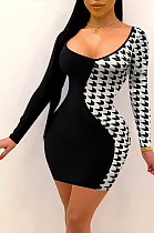 Casual Long Sleeve U Neck Spliced Checkered Printing Mid Waist Midi Dress Q763