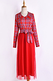 Mother And Daughter Dress Round Neck Red Check Long Sleeve Gauze Dress QZZ9072