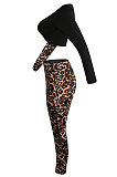 Long Sleeve Leopard Pure Color Spliced Long Pants Casual Sets TL6438