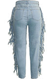 Casual Hole Cowboy Fashion Side Tassel Trend Long Pants SN3804