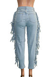 Casual Hole Cowboy Fashion Side Tassel Trend Long Pants SN3804