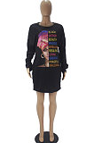 Casual Pure Color Pattern Printing Round Neck Long Sleeve Loose Dress SDD9473