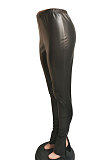 Sexy Tight High Elastic Black Microhorn Casual Side Fork PU Leather Pants HM5385