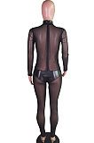 Sexy Fashion PU Leather Net Yarn Spliced Stealth Zipper Jumpsuits BS1248