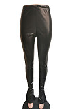 Sexy Tight High Elastic Black Microhorn Casual Side Fork PU Leather Pants HM5385