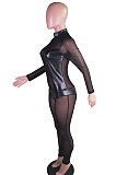 Sexy Fashion PU Leather Net Yarn Spliced Stealth Zipper Jumpsuits BS1248