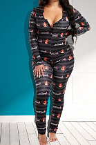 Round Neck Long Sleeve Tight Features Printing Women Jumpsuits KZ222