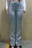 Draw String Zipper Pocket Shirred Detail Pure Color Flare Leg Pants D8416
