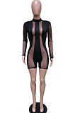 Sexy Womenswear Net Yarn Perspective Patchwork Long Sleeve Jumpsuits BBN145