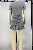 Pure Color Short - Sleeved Ruffled Ruffled Hip Wrap Dress X9288
