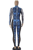 Sexy Serpentine Pattern Printing Net Yarn Spliced Long Sleeve Jumpsuits SDD9345