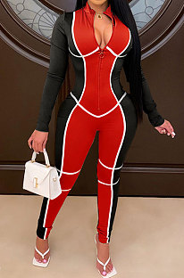 Fashion Womenswear Positioning Printing Long Sleeve Zipper Bodycon Jumpsuits WXY8830
