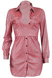 Long Sleeve Pure Color Bright Thread Cloth Mid Waist Shirts Dress NK089