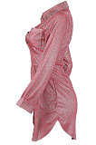 Long Sleeve Pure Color Bright Thread Cloth Mid Waist Shirts Dress NK089