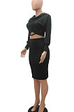 Fashion Sexy Pure Color Off Shoulder Bat Sleeve Rib Skirts Two-Piece MR2075