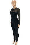 Womenswear Fashion Casual Sexy Pure Color Net Yarn Spliced Zipper Club Cultivate One's Morality Jumpsuits SM9137