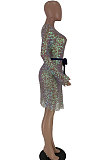 Sequins Long Sleeve Lndependent Belt Club Dress ZNN5109