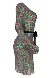 Sequins Long Sleeve Lndependent Belt Club Dress ZNN5109