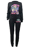 Fashion Casual Pure Color Printing Sport Long Sleeve Two-Piece JP1019