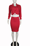 Pure Color Long Sleeve Midriff Ruffle Package Hip Skirt Sexy Fashion Sets L0337