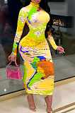 Long Sleeve High Collar Fashion Features Print Women Long Dress KZ218