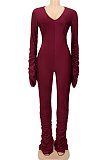 Long Sleeve Pleats Sexy Close Fitting Woman Solid Color Jumpsuit KZ211
