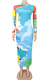 Long Sleeve High Collar Fashion Features Print Women Long Dress KZ218