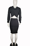 Pure Color Long Sleeve Midriff Ruffle Package Hip Skirt Sexy Fashion Sets L0337