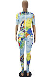 Sexy The Earth Printing Zipper Short Sleeve Jumpsuits SDD9346