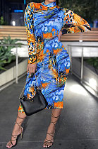 Tie Dye Colored Pattern Long Slleve Round Neck Blue Sexy Long Dress DR8070