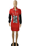 Casual Fashion Autumn Winter Poker Printing Long Sleeve Zipper Dress SH7243