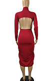 Sexy Fashion Hollow Out Backless Shirred Detail High Neck Long Dress SH7245