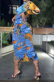 Tie Dye Colored Pattern Long Slleve Round Neck Blue Sexy Long Dress DR8070