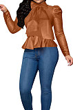 Fashion Womenswear Bowknot High Neck Long Sleeve Pure Color Fur Coat SYY8033