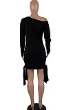 Fashion Womenswear Oblique Shoulder Lips Printing Buttons Bind Dress SYY8027