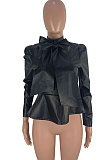 Fashion Womenswear Bowknot High Neck Long Sleeve Pure Color Fur Coat SYY8033
