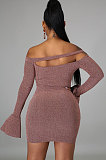 Off Shoulder Pure Color Shiner Long Sleeve Fashion Casual Dress SNM8213