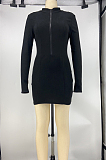 Casual Acetate Long Sleeve V Neck Zipper Spliced Mini Dress X9285
