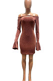 Off Shoulder Pure Color Shiner Long Sleeve Fashion Casual Dress SNM8213